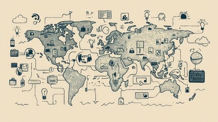 Obraz premium World map with hand-drawn business icons connected by lines representing global business, communication, and technology.
