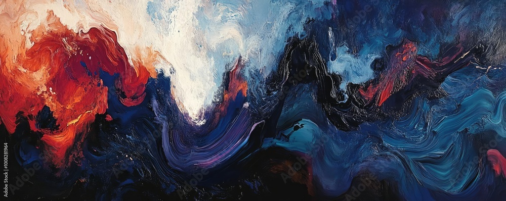 Poster vibrant abstract art blending red, blue, and white hues, creating a dynamic ocean-like wave effect f