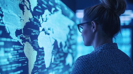 A woman observes a digital world map illuminated in blue tones, immersed in data analysis and technological insights.