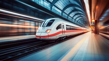 Fast train moving through station with motion blur.