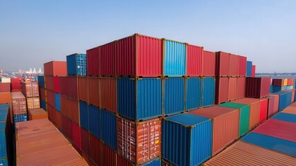 Fototapeta premium A vibrant stack of shipping containers in red and blue against a clear sky, showcasing the logistics and trade industry.
