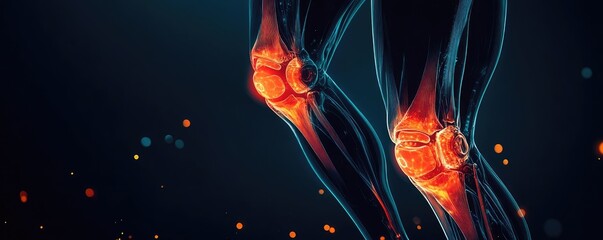 3D illustration of human knee joints showcasing anatomy with glowing highlights against a dark background.