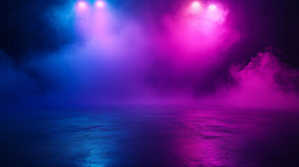 The dark stage shows, empty dark blue, purple, pink background, neon light, spotlights, The asphalt floor and studio room with smoke float up the interior texture for display products
