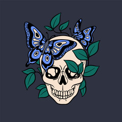 Skull with nature, butterfly and leaves. Life and death concept. Creepy horror skeleton head in vintage retro style. Dia de los Muertos and Halloween decoration. Hand-drawn vector illustration
