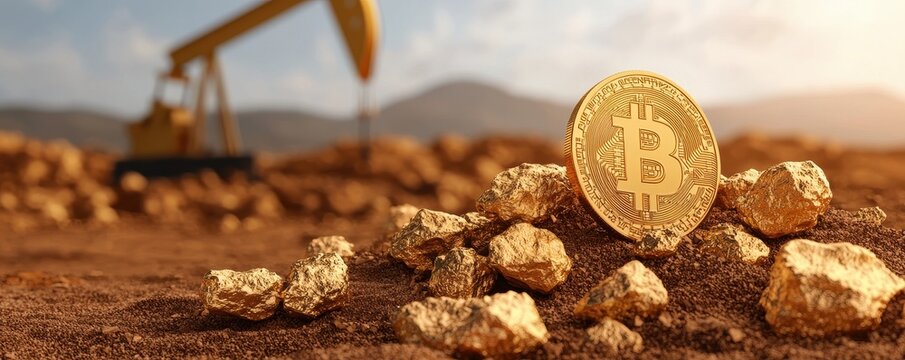 A Bitcoin coin rests atop gold nuggets with an oil rig in the background, showcasing a blend of digital finance and natural resources.