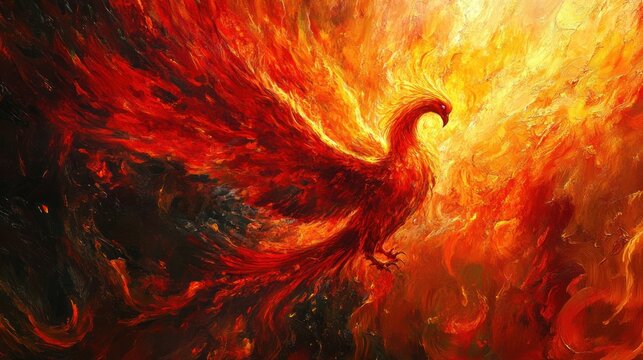 A fiery red phoenix bird with its wings spread wide, rising from the ashes.