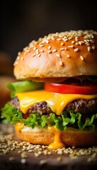 A close-up shot of a delicious cheeseburger featuring a juicy beef patty, melted cheese, fresh lettuce, and ripe tomatoes, all nestled in a toasted bun. 