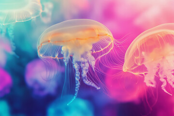 Fototapeta premium jellyfish with a pink and yellow body is surrounded by other jellyfish. The jellyfish is the main focus of the image, and the other jellyfish are in the background