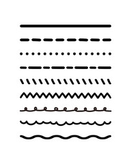 Types of lines collection. Straight, dashed, dotted, slant hash, zig zag, looped, scallop, wavy lines. Flat hand drawn decorative vector design isolated illustration.