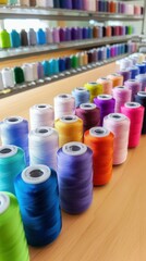 A vibrant collection of sewing threads arranged in various colors, perfect for any crafting or textile project, ideal for creative sewing enthusiasts.
