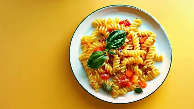 Delicious fusilli pasta on a plate with cherry tomatoes and basil, 4k footage