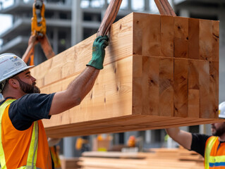 A construction crew positioning a large CLT panel into place, showcasing the scale of mass timber elements.
