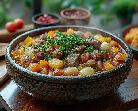Colorful Steaming Bowl of Mofeta Fea Garnished with Fresh Ingredients and Spices for Delicious Meal
