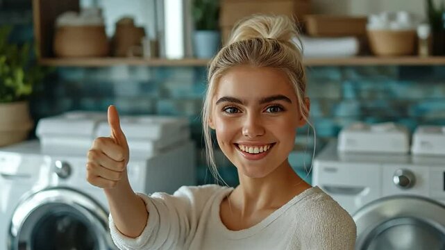 A contented young lady giving a thumbs up after cleaning the toilet. Cleaning of the restrooms.