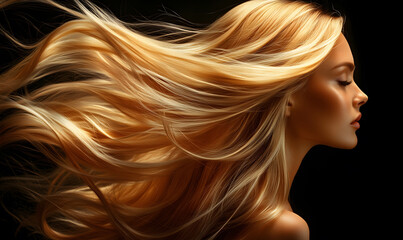 A beautiful woman with long blonde hair, flowing blonde hair that is shiny and smooth, a black background, Conceptadvertisement for a hair salon or spa, Generative AI