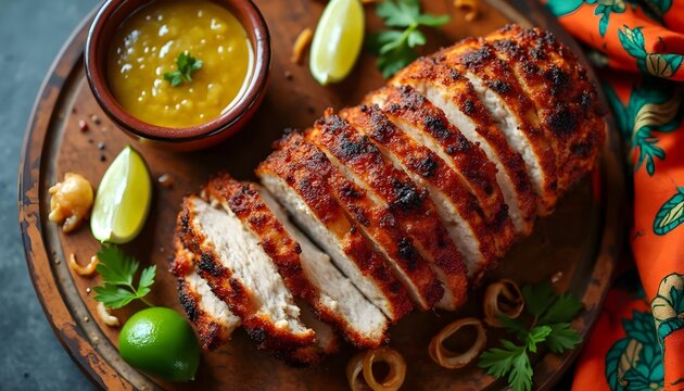 Cuban Pernil Asado Roasted Pork Served with Green Sauce and Lime (Cuban Cuisine)