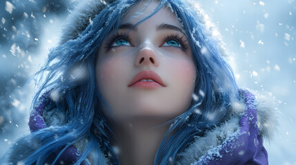 Cyan Hair Girl Under Snowy Tree