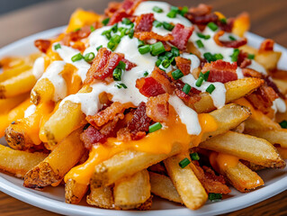 A pile of loaded cheese fries, covered in melted cheddar, bacon bits, and chives, served with ranch.