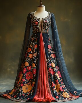 Elegant female shalwar kameez with intricate design showcasing rich colors and fine craftsmanship