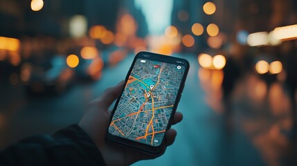 A hand holding a smartphone displaying a map.