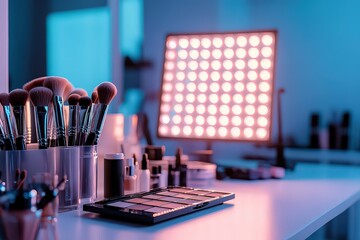  Makeup brushes and cosmetics arranged neatly on a table with bright LED lighting, ready for a beauty tutorial or makeup session in a professional setting.