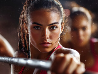 A female track and field athlete preparing to throw a javelin, captured in a powerful stance.