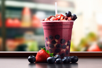 Purple a&ccedil;a&iacute; smoothie with attractive texture and fresh chopped fruits and strawberries on the side