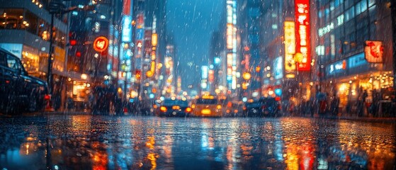 Lively Urban Nightlife Scene with Colorful Lights and Busy Streets in a Modern City Environment