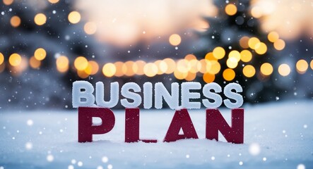 Naklejka premium business plan lettering on winter snow holidays blurred lights bokeh background