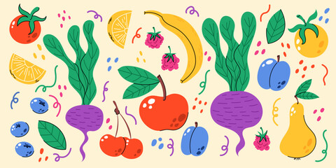 Fruit and vegetable doodles. Natural tropical fruits.