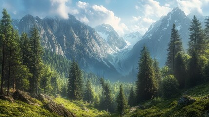 Fototapeta premium A lush green forest in the foothills of a snow-capped mountain range, with light streaming through the trees.