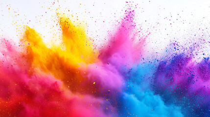 Happy Holi colorful background. Festival of colors, colorful rainbow holi paint color powder explosion isolated white wide panorama background

