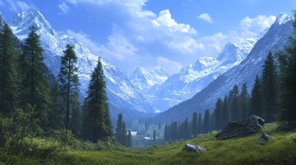 Fototapeta premium A valley surrounded by snow-capped mountains and lush green forests.