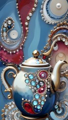 Fototapeta premium Colorful and whimsical teapots and teacups with glossy floral decorative design 