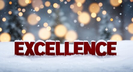 excellence lettering on winter snow holidays blurred lights bokeh background