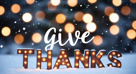 give thanks lettering on winter snow holidays blurred lights bokeh background