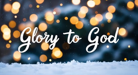Glory to God lettering on winter snow holidays blurred lights bokeh background