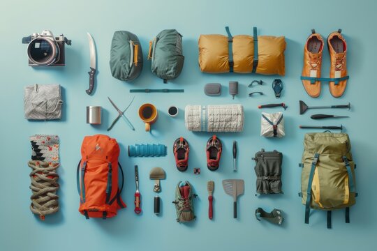 Essential outdoor gear and adventure equipment arranged neatly on a blue background, showcasing preparation for a hiking trip