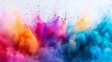 Obraz premium Happy Holi colorful background. Festival of colors, colorful rainbow holi paint color powder explosion isolated white wide panorama background 