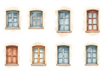 Fototapeta premium Open and closed windows with colorful wooden shutters. Mediterranean style in architecture. Isolated on a white background. Set, collage. Square format. 
