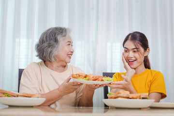 Mother and adult daughter eating meal together, Senior woman and daughter having breakfast in morning together