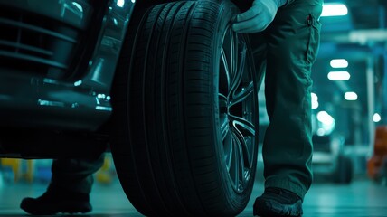 A person is changing a tire in a dimly lit automotive workshop, focusing on the tire's tread and the person's legs.