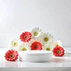 White round low podium with smooth surface surrounded by red and white gerberas flowers against light grey background. Minimalist floral-themed product display background with copy space