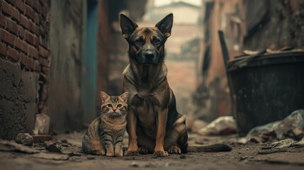 A stray dog and kitten sit side by side in a deserted urban alleyway, evoking themes of companionship and survival. The gritty setting contrasts with their calm demeanor, highlighting their resilience