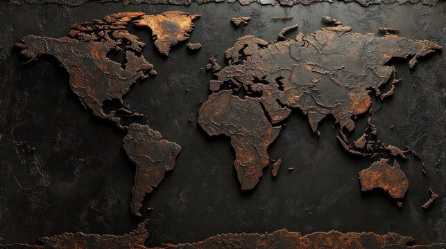 World map with continents in copper-colored relief on black textured background.