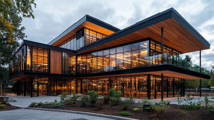 A panoramic view of a completed mass timber building, with its wooden structure visible through glass walls.