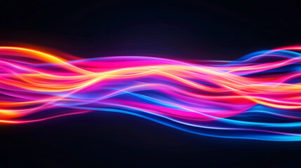 Neon futuristic flashes on black background. Motion light lines backdrop. For banner, postcard, illustration. Created with generative AI tools
