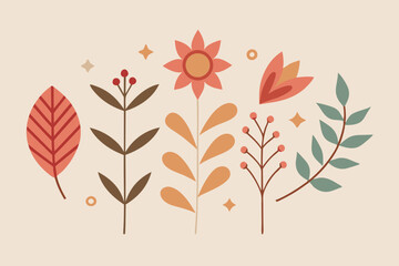 Boho Geometric Branch & Flower Set - Vintage Botanical Design Elements