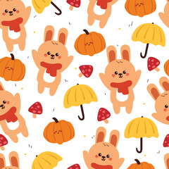 seamless pattern cartoon bunny with autumn vibes. cute autumn fall wallpaper for fabric print, gift wrap paper