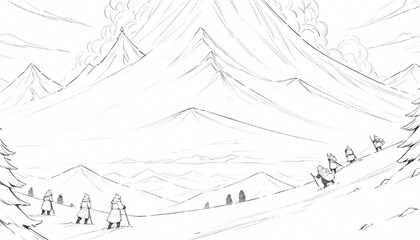 Obraz premium hikers or climbing on sunset mountain landscape illustration background